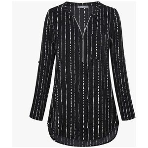 Furnex Women's V-neck‎ Blouse Half Zip Tunic Shirts 3/4 Roll Sleeve Black XXL